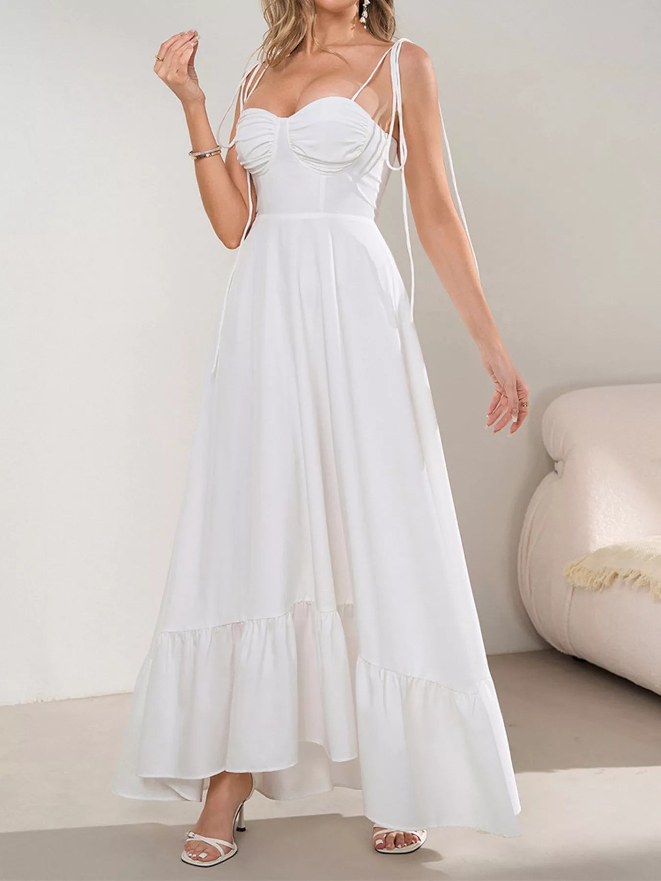 Sweetheart Neck Tie-Strap Ruffle Hem Maxi Dress - Maxi Dresses