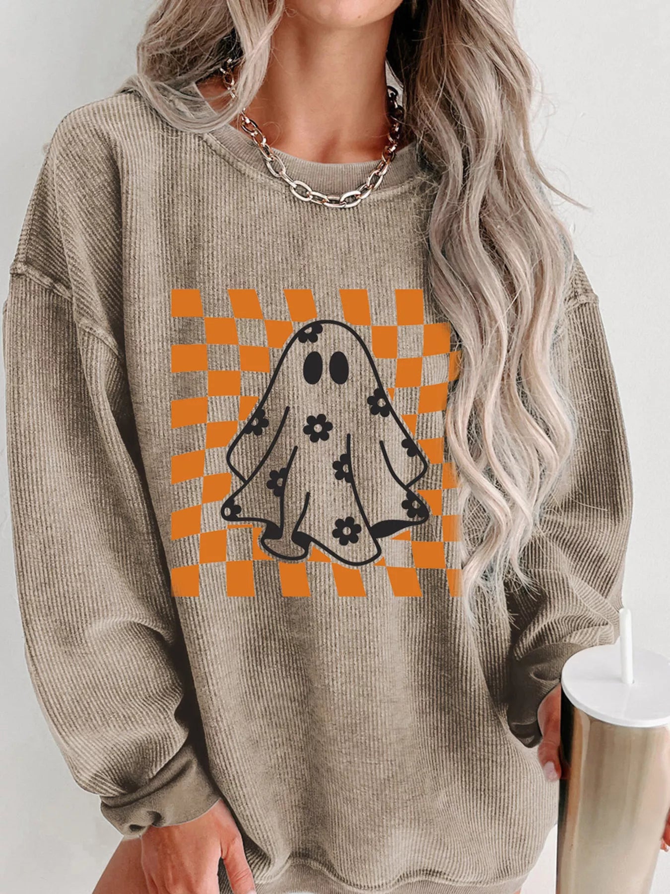 Halloween Checkerboard Ghost Corded Sweatshirt