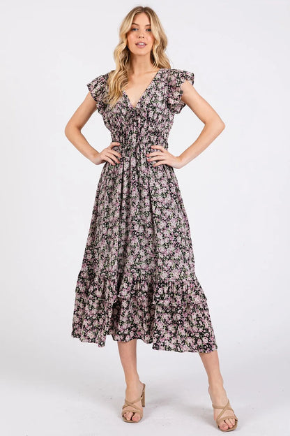 Flower Print Ruffle Cap Sleeve V-Neck Midi Dress in Black – outfit idea for women | Ro + Ivy