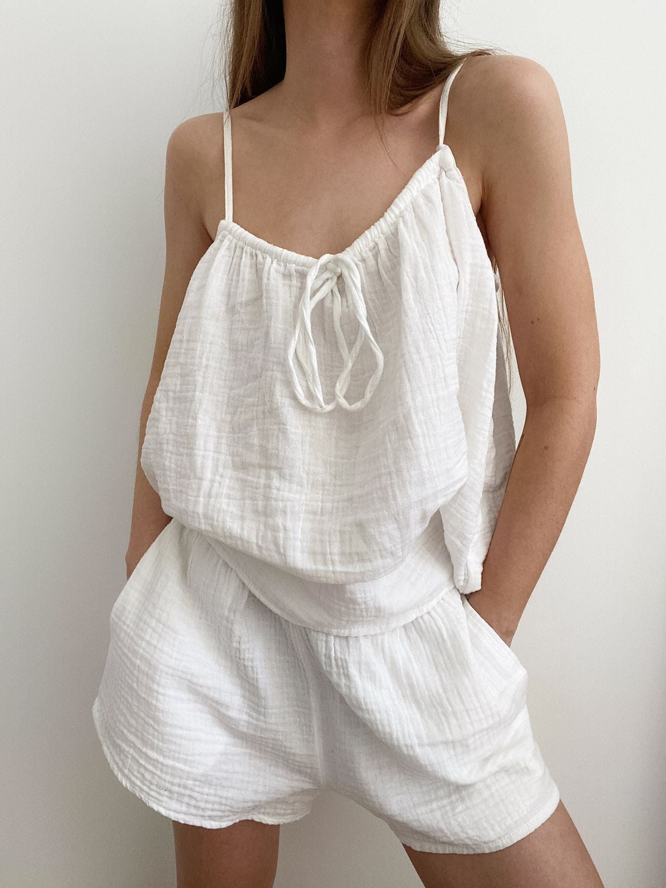 Tie Front Relaxed Fit Cami And Shorts Set - Outfit Sets