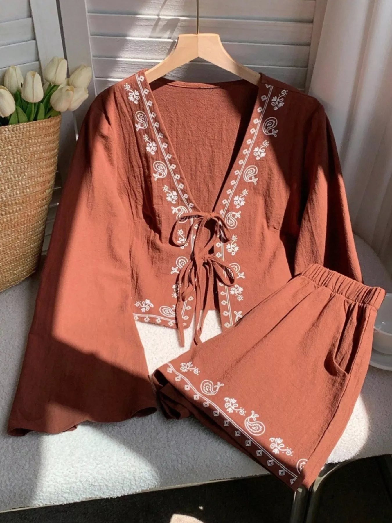 Women's Embroidered Tie Front Top and Shorts Set - Matching Sets