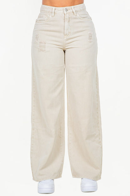 High Waist Distressed Wide Leg Jeans – Beige outfit idea for women | Ro + Ivy