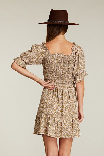 Floral Print Smocked Bodice Elastic Cuff Mini Dress — Woven Fabric Feminine Casual Style - Mini Dresses