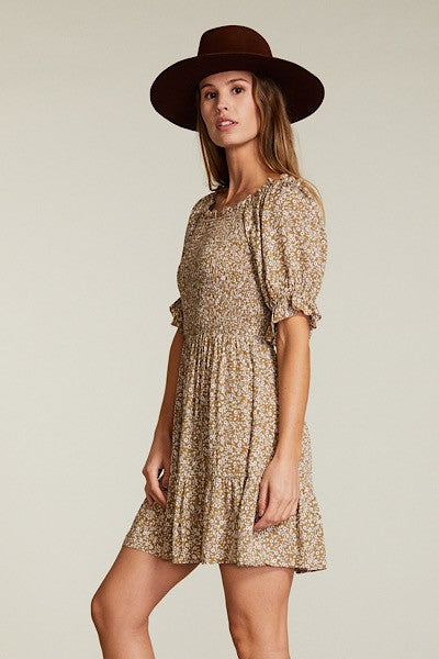 Floral Print Smocked Bodice Elastic Cuff Mini Dress — Woven Fabric Feminine Casual Style - Mini Dresses