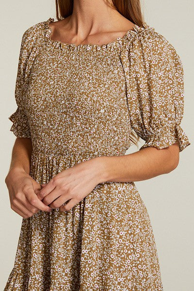 Floral Print Smocked Bodice Elastic Cuff Mini Dress — Woven Fabric Feminine Casual Style - Mini Dresses