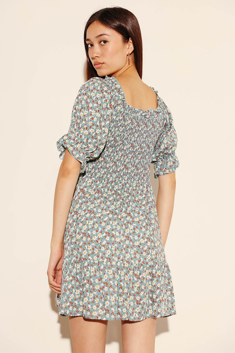 Floral Print Smocked Bodice Elastic Cuff Mini Dress — Woven Fabric Feminine Casual Style - Mini Dresses