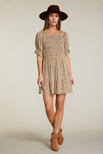 Floral Print Smocked Bodice Elastic Cuff Mini Dress — Woven Fabric Feminine Casual Style - Mini Dresses