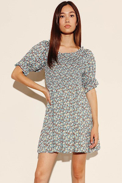 Floral Print Smocked Bodice Elastic Cuff Mini Dress — Woven Fabric Feminine Casual Style - Teal Mini Dresses