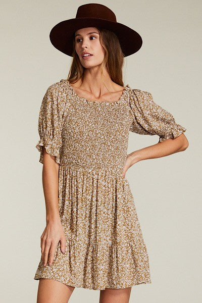 Floral Print Smocked Bodice Elastic Cuff Mini Dress — Woven Fabric Feminine Casual Style - Olive Mini Dresses