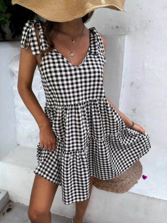 Women's Gingham Tie Shoulder Tiered Mini Dress Black
