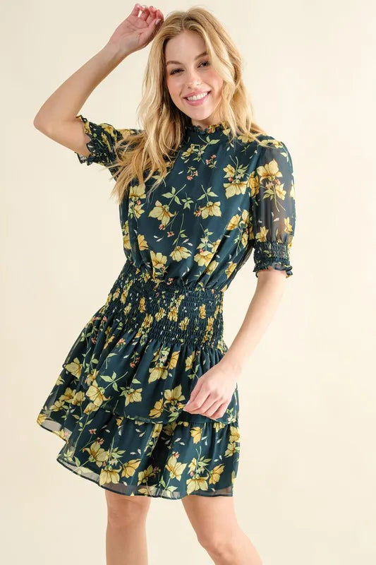 Floral Print Smocked Waist Mini Dress – Hunter Green outfit idea for women | Ro + Ivy