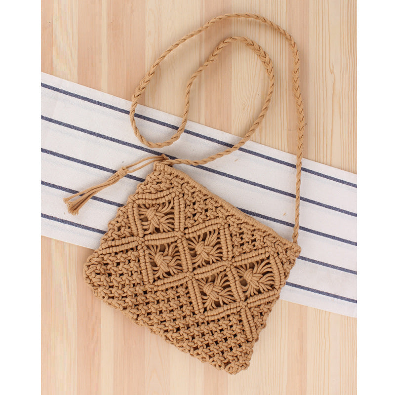 Macrame Woven Tassel Cotton Crossbody Bag — Boho Chic Everyday Carry Style - Khaki