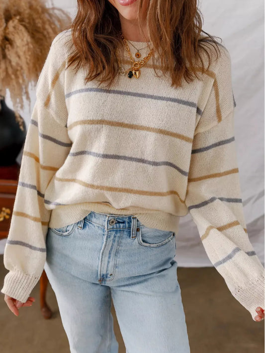 Women's Striped Round Neck Drop Shoulder Sweater Apricot
