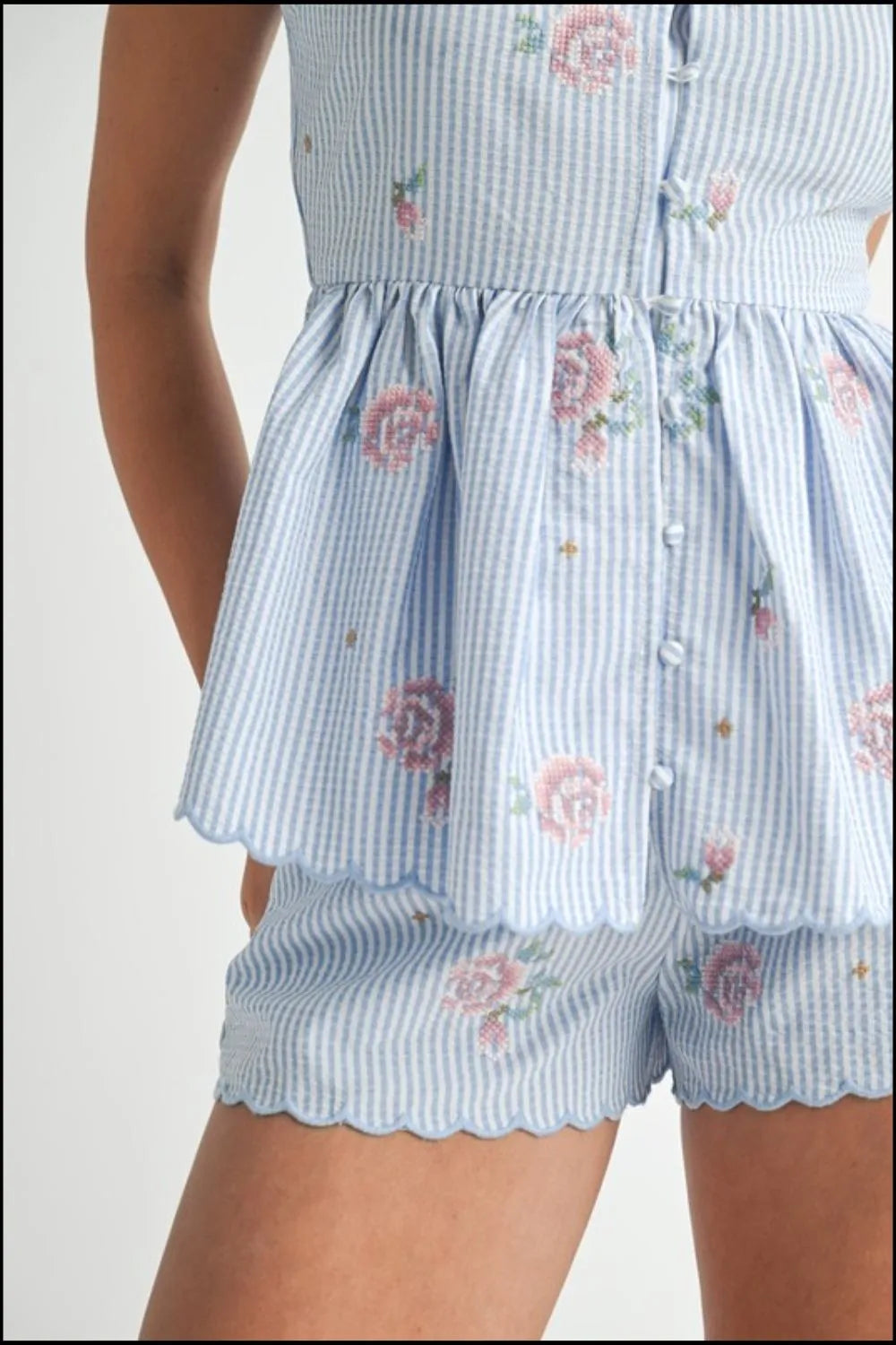 Stripe Embroidered Peplum Cami And Shorts Set – outfit idea for women | Ro + Ivy