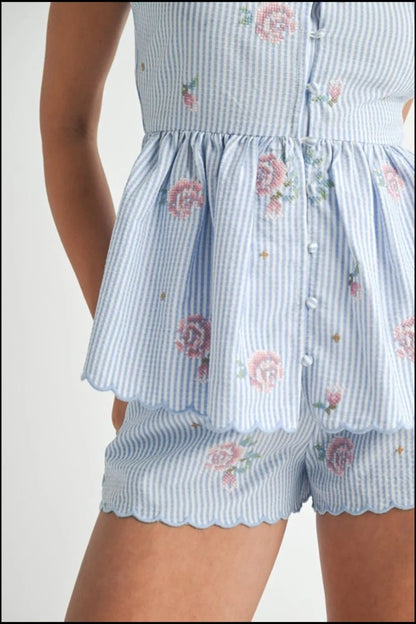Stripe Embroidered Peplum Cami And Shorts Set – outfit idea for women | Ro + Ivy