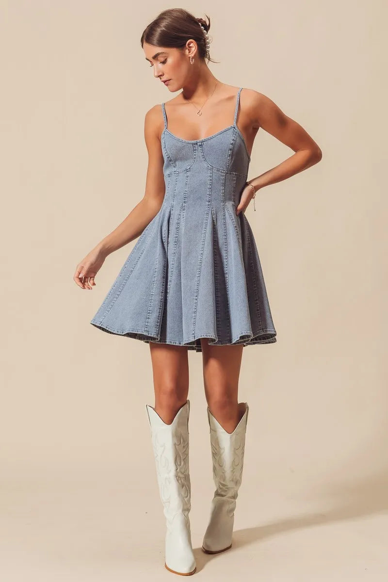 A Line Fit And Flare Denim Bow Ties Mini Dress | Trendy Mini Dresses Outfit Idea for Women by Ro + Ivy | Elevated Basics, Modern Comfort & Style