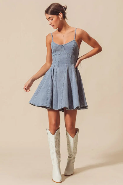 A Line Fit And Flare Denim Bow Ties Mini Dress | Trendy Mini Dresses Outfit Idea for Women by Ro + Ivy | Elevated Basics, Modern Comfort & Style