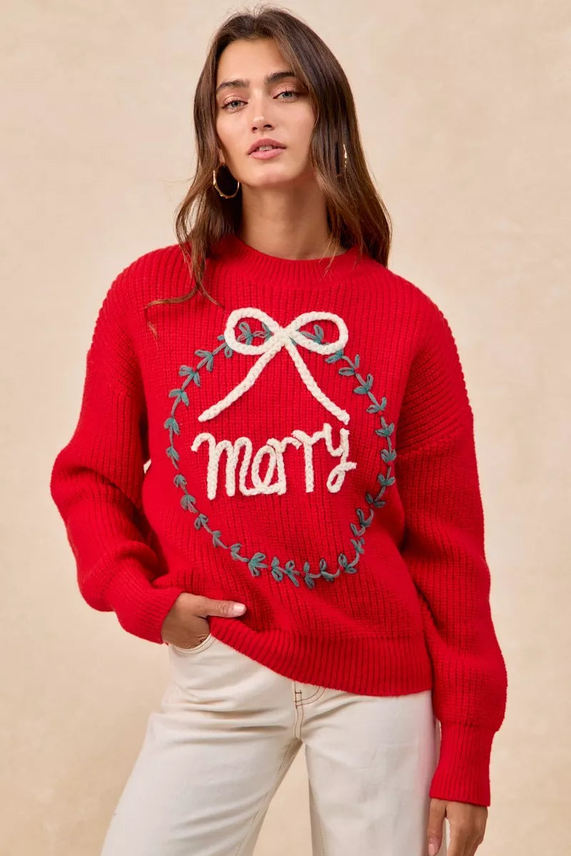 "Merry" Lettering Christmas Wreath Crewneck Sweater | Trendy Sweaters Outfit Idea for Women by Ro + Ivy | Elevated Basics, Modern Comfort & Style