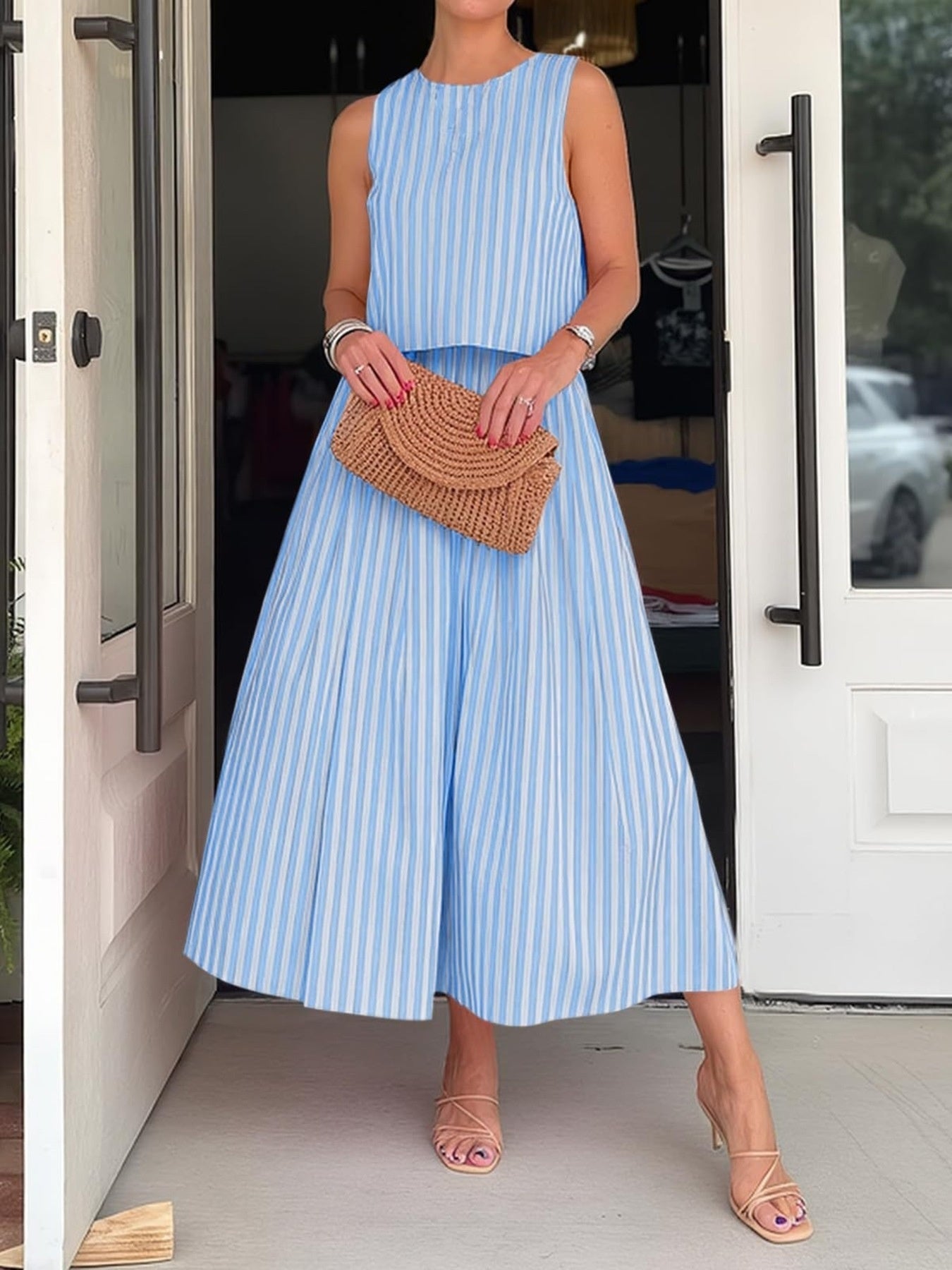 Women's Striped Sleeveless Top and Midi Skirt Set - Matching Sets