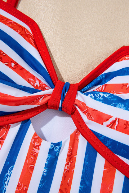 Americana Stars & Stripes Cutout Spaghetti Strap One-Piece Swimsuit — Patriotic Floral Accent Summery Style - One-Piece Swimsuits