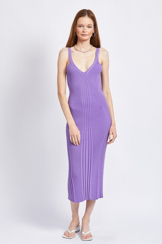 LAVENDER Elegant V Neck Ribbed Sleeveless Midi Dress | Trendy Midi Dresses Outfit Idea for Women by Ro + Ivy | Elevated Basics, Modern Comfort & Style