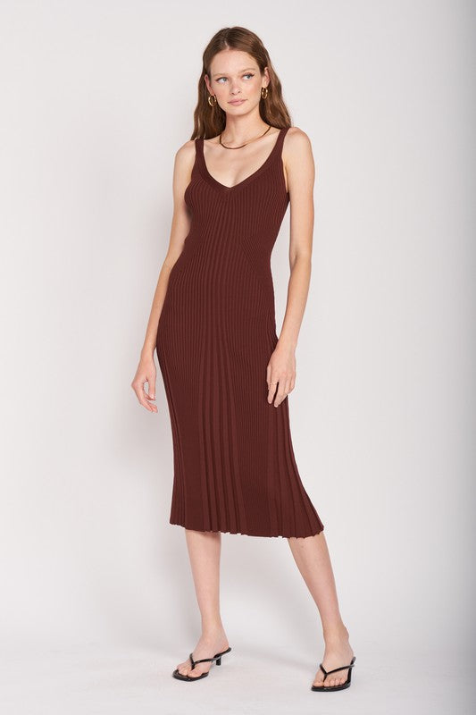 CHOCOLATE Elegant V Neck Ribbed Sleeveless Midi Dress | Trendy Midi Dresses Outfit Idea for Women by Ro + Ivy | Elevated Basics, Modern Comfort & Style