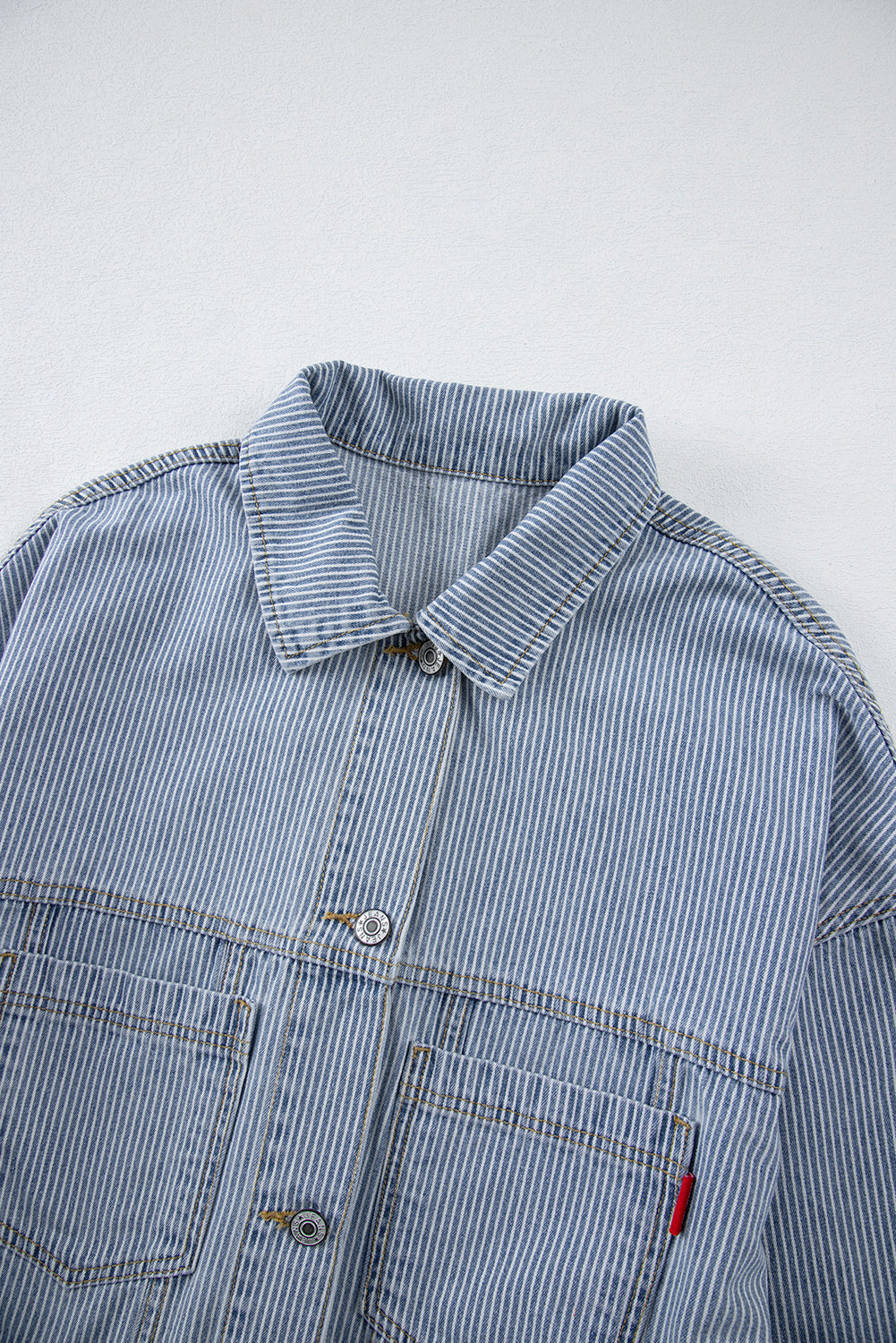 Striped Washed Denim Chest Pocket Oversized Vintage Jacket — Laid-Back Casual Style - Outerwear/Denim jackets