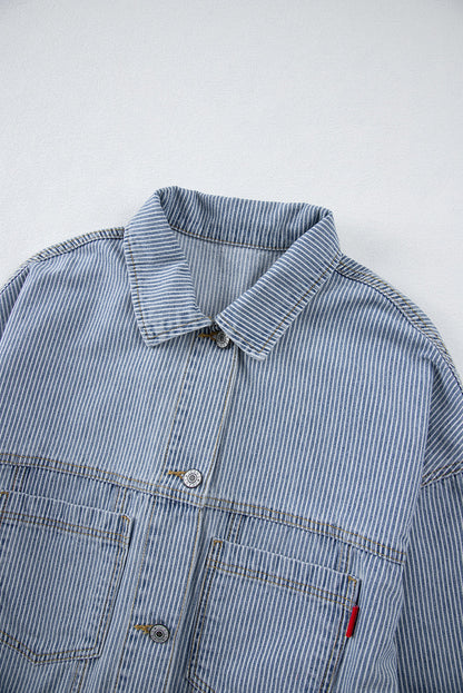 Striped Washed Denim Chest Pocket Oversized Vintage Jacket — Laid-Back Casual Style - Outerwear/Denim jackets