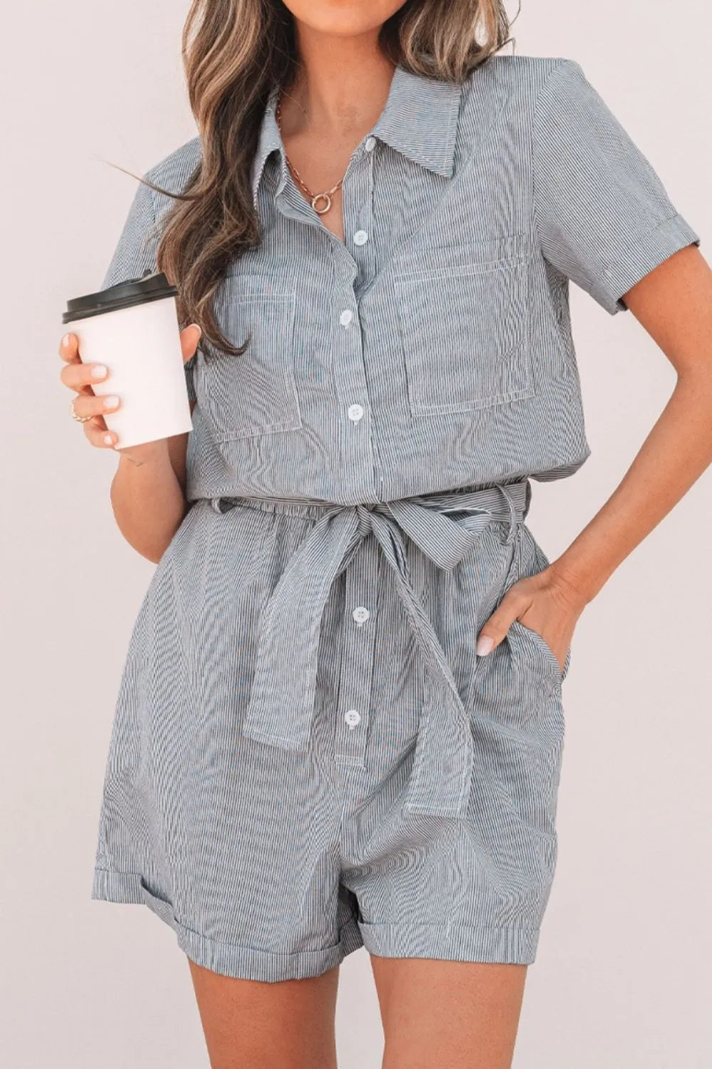 Button Up Striped Romper with Front Pockets and Waist Tie - Rompers