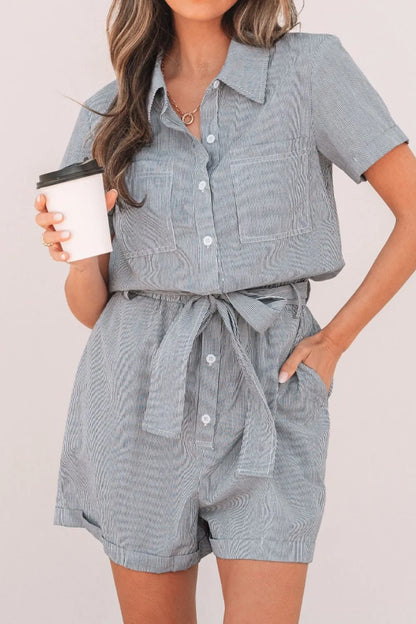 Button Up Striped Romper with Front Pockets and Waist Tie - Rompers