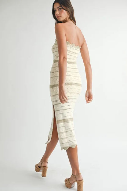 Contrast Striped Crochet Knit Midi Dress — Intricate Textured Flattering Everyday Style - Midi Dresses