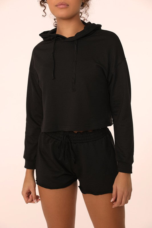 Black Lightweight French Terry Loungewear Cropped Hoodie | Trendy Loungewear Outfit Idea for Women by Ro + Ivy | Elevated Basics, Modern Comfort & Style