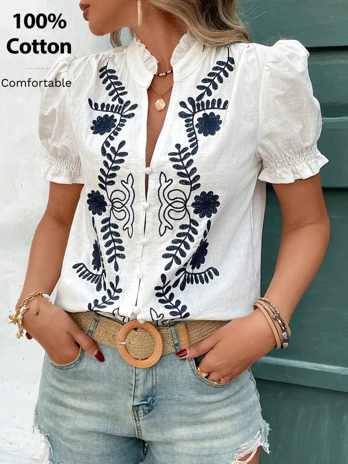 Embroidered Frill Notched Short Puff Sleeve Blouse - Blouses