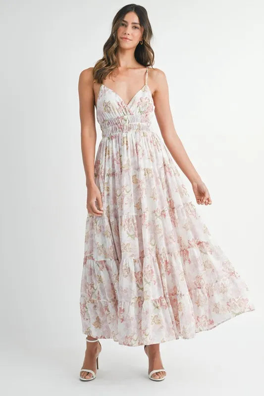 Floral Print Tiered Cami Maxi Dress – Pink outfit idea for women | Ro + Ivy