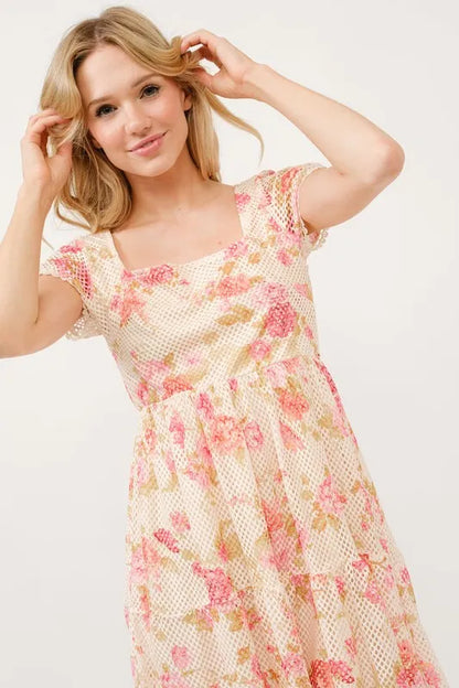 Square Neck Tiered Floral Fishnet Mini Dress – outfit idea for women | Ro + Ivy