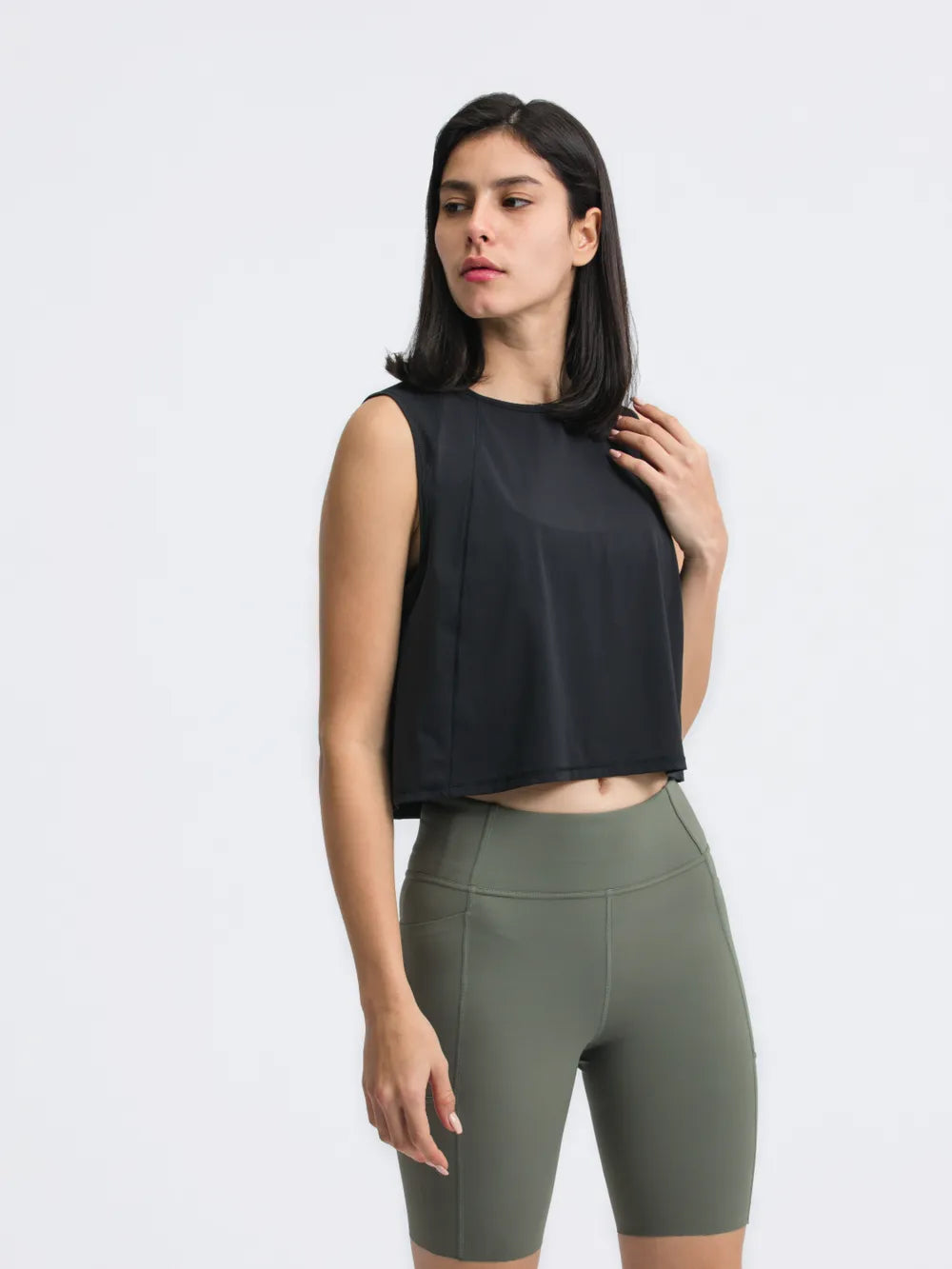 Open Back Slit Round Neck Activewear Tank Top Black