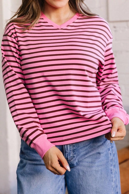 Women's Striped V-Neck Drop Shoulder Long Sleeve Top - Tops
