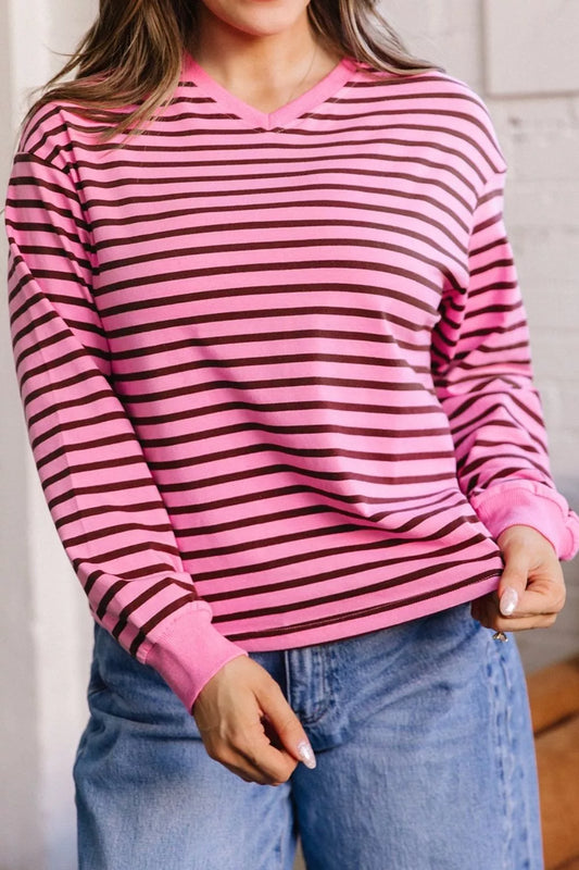 Women's Striped V-Neck Drop Shoulder Long Sleeve Top