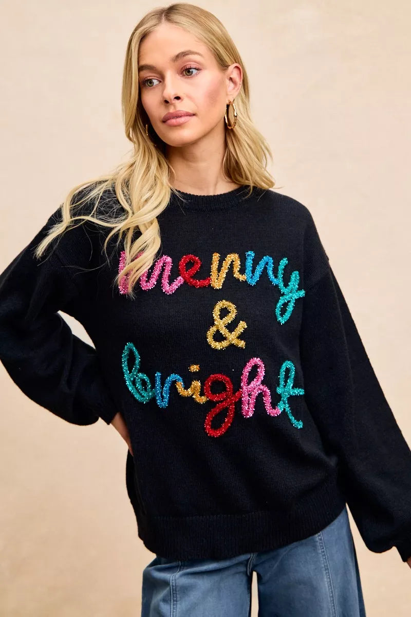 "Merry & Bright" Lettering Christmas Sweater | Trendy Sweaters Outfit Idea for Women by Ro + Ivy | Elevated Basics, Modern Comfort & Style