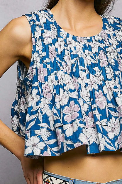 Floral Round Neck Cropped Pintuck Tank - Tank Tops