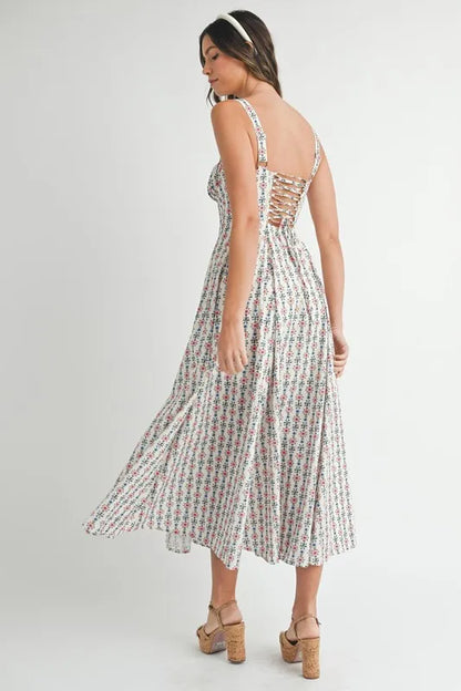 Floral Print Bustier Back Lace Up Midi Dress – outfit idea for women | Ro + Ivy
