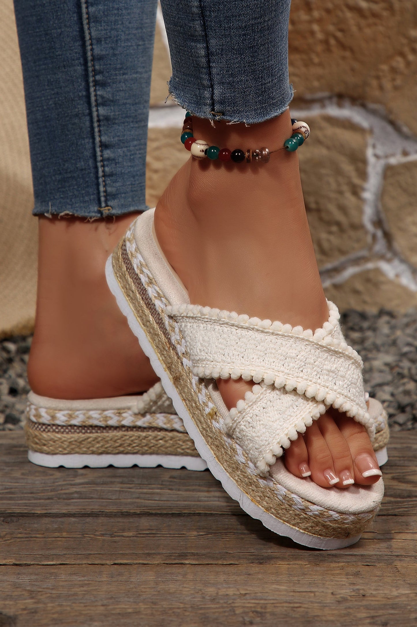 Pompom Knit Platform Slide Slippers — Chic Cozy Everyday Comfort Style - Slippers