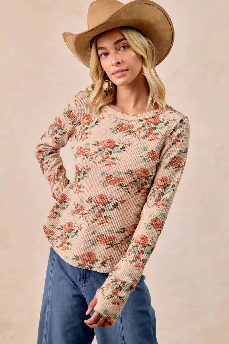 Taupe Washed Floral Long Sleeve Waffle Thermal Top with Sleeve Thumb Hole | Trendy Tops Outfit Idea for Women by Ro + Ivy | Elevated Basics, Modern Comfort & Style