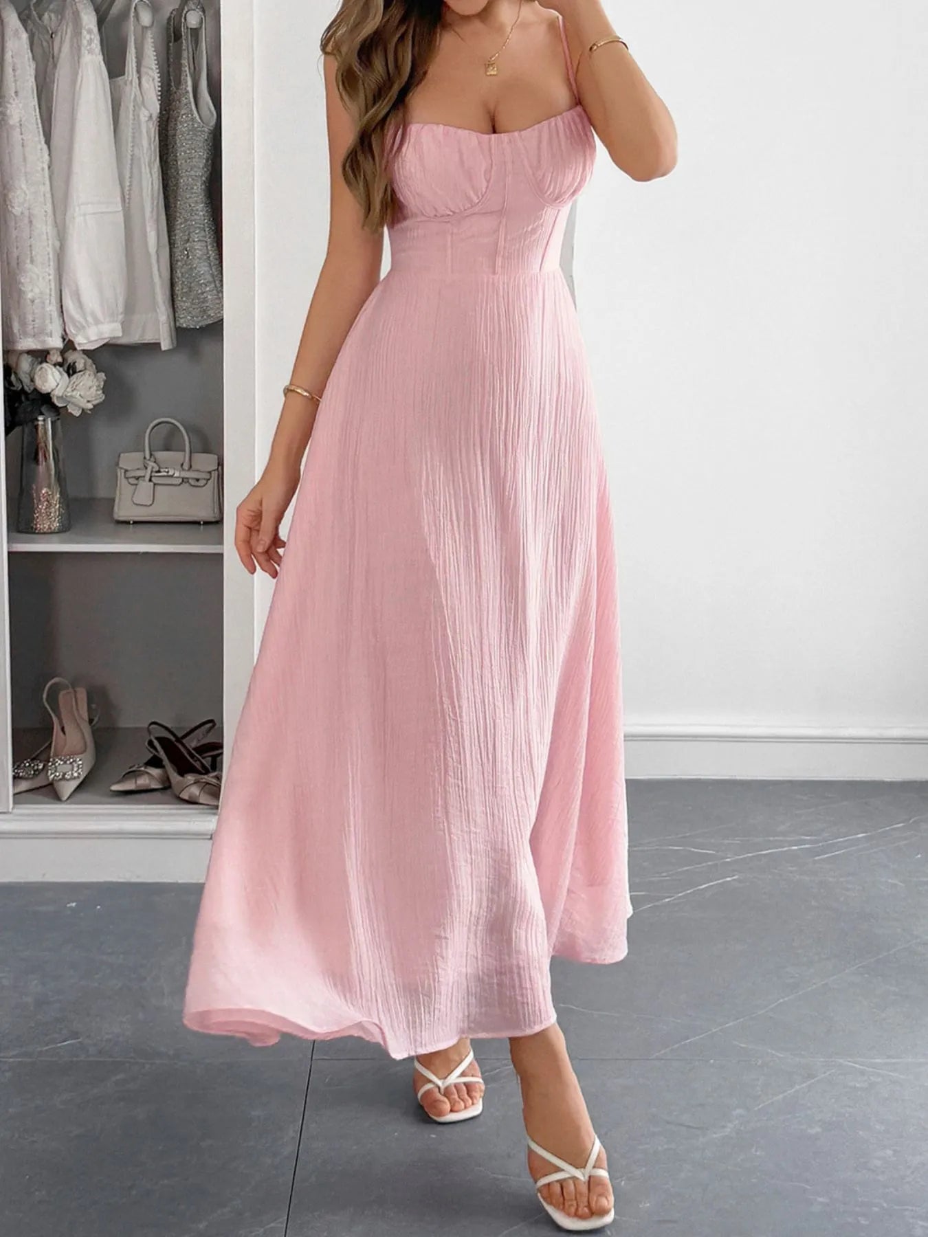 Texture Sweetheart Neck Backless Spaghetti Strap Maxi Dress - Pink Maxi Dresses