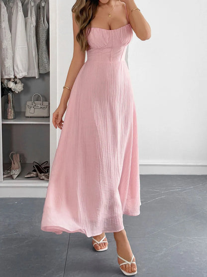 Texture Sweetheart Neck Backless Spaghetti Strap Maxi Dress - Pink Maxi Dresses
