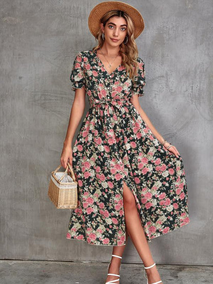Floral Midi Dress with Slit – outfit idea for women | Ro + Ivy