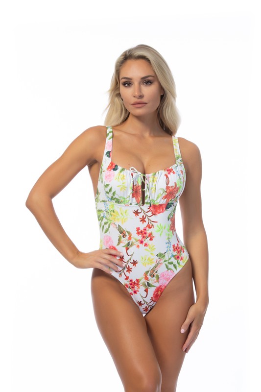 Bright Floral Tie Front One Piece Swimsuit – floral outfit idea for women | Ro + Ivy