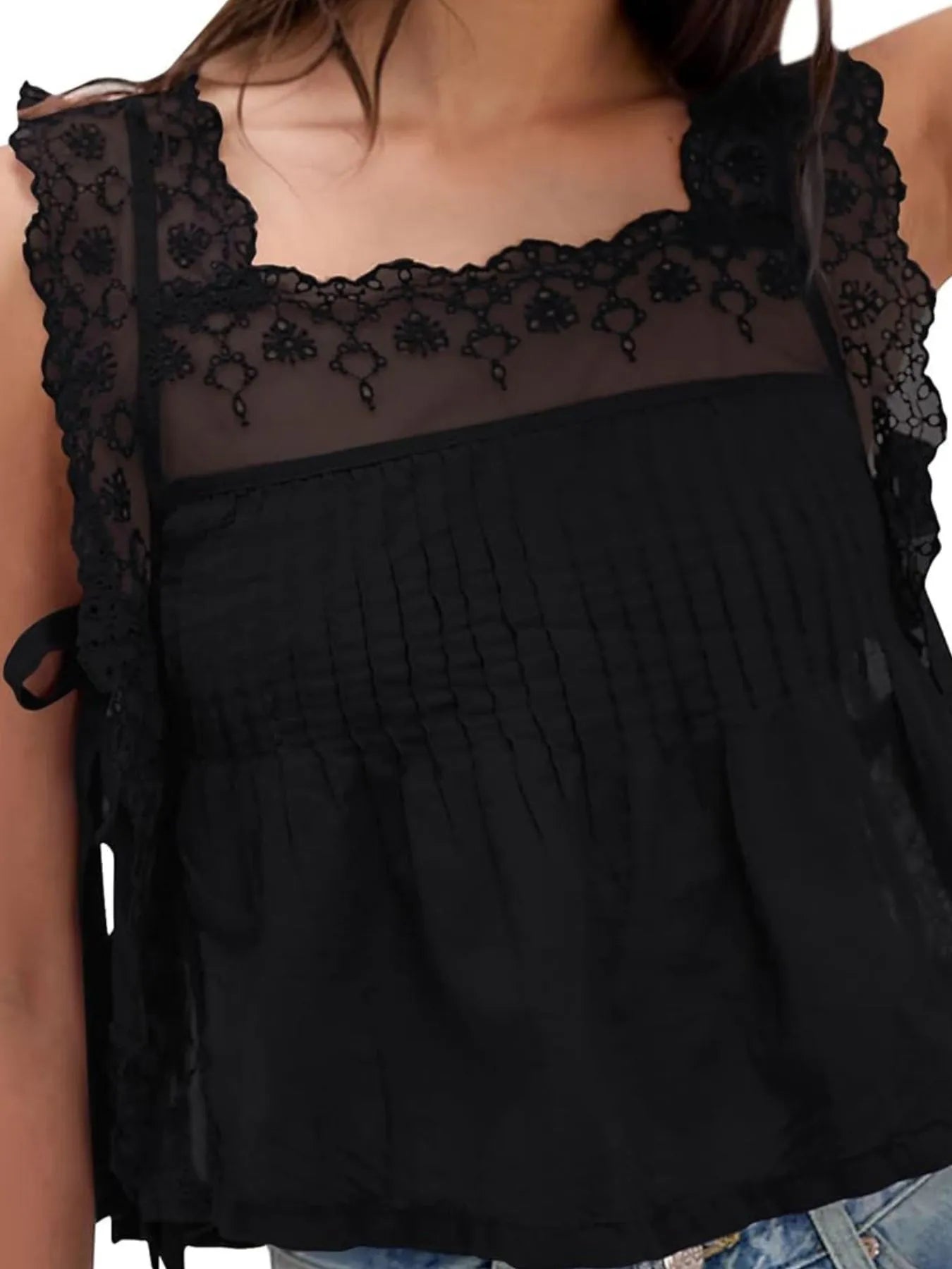 Women's Lace Trim Eyelet Square Neck Top - Blouses