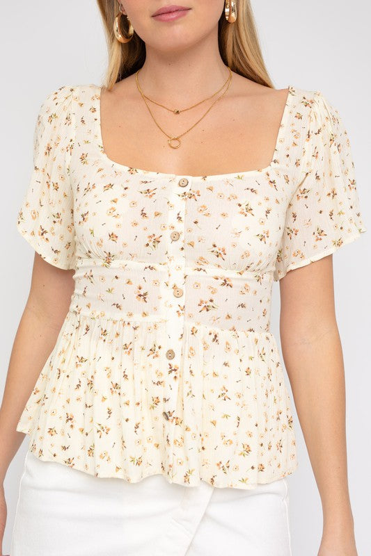 Ditsy Print Sweetheart Neck Flare Hem Top with Smocked Back - Ro + Ivy