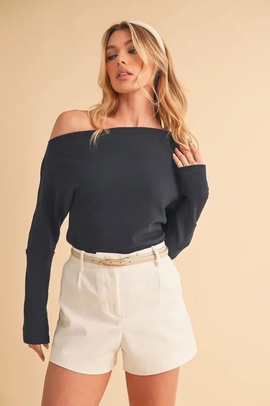 One Shoulder Long Sleeve Knit Top – Dark Navy outfit idea for women | Ro + Ivy